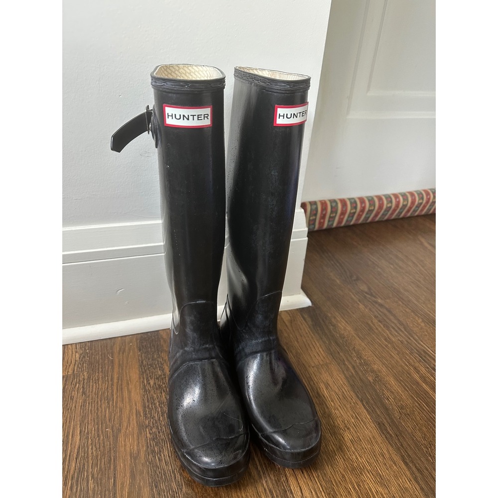 Hunter Original Gloss Tall Black Rain Boots W23616 with Fleece Liners Women 8